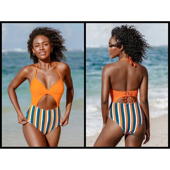 💕CUPSHE💕 Kylie Halter Lace Up One Piece Swimsuit - Picture 1 of 10